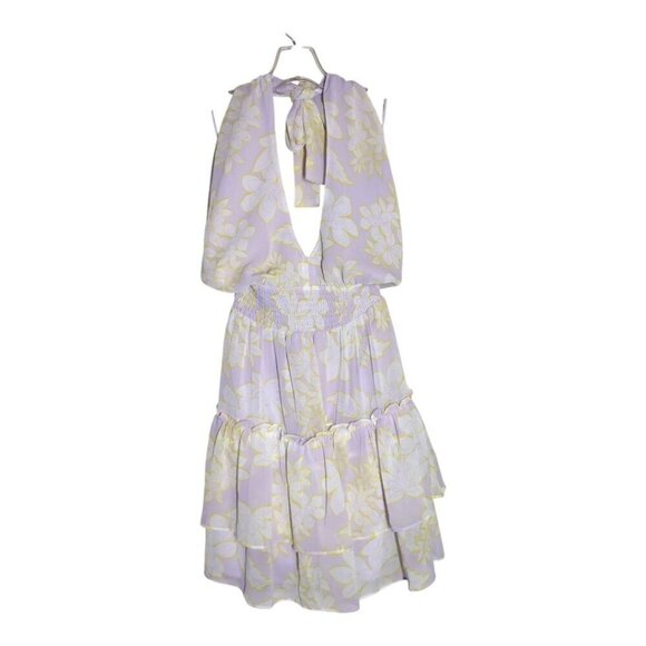 WAYF Dress Mabel Lavender Tropical Halter Coquette Ruffle Smocked Party Lined S - Picture 13 of 15